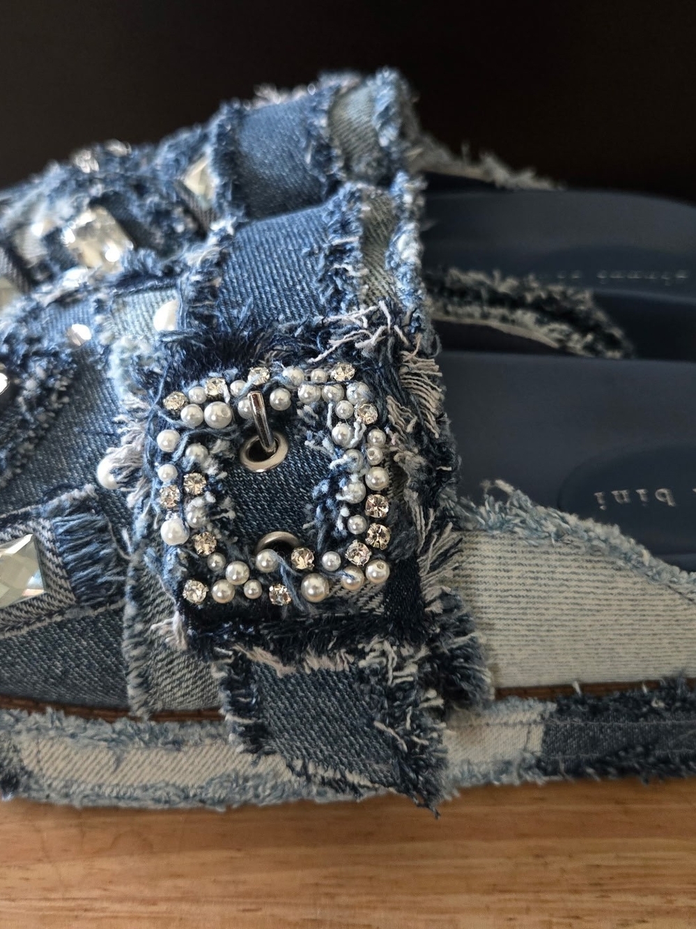 Gianni Bini Omari Denim Patchwork Jewel/ Pearl  Platform Clogs - Picture 2 of 9